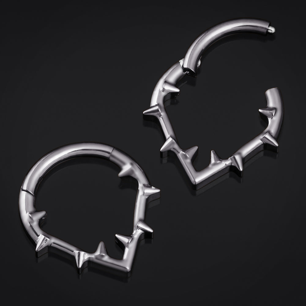 Septum Clicker, Silver, Thorns, ASTM F136 Titanium - ASTM F136 Titanium Hinged Silver Thorns Segment Ring for Nose / Septum 1.2mm / Alternative Piercings / Gothic Jewellery