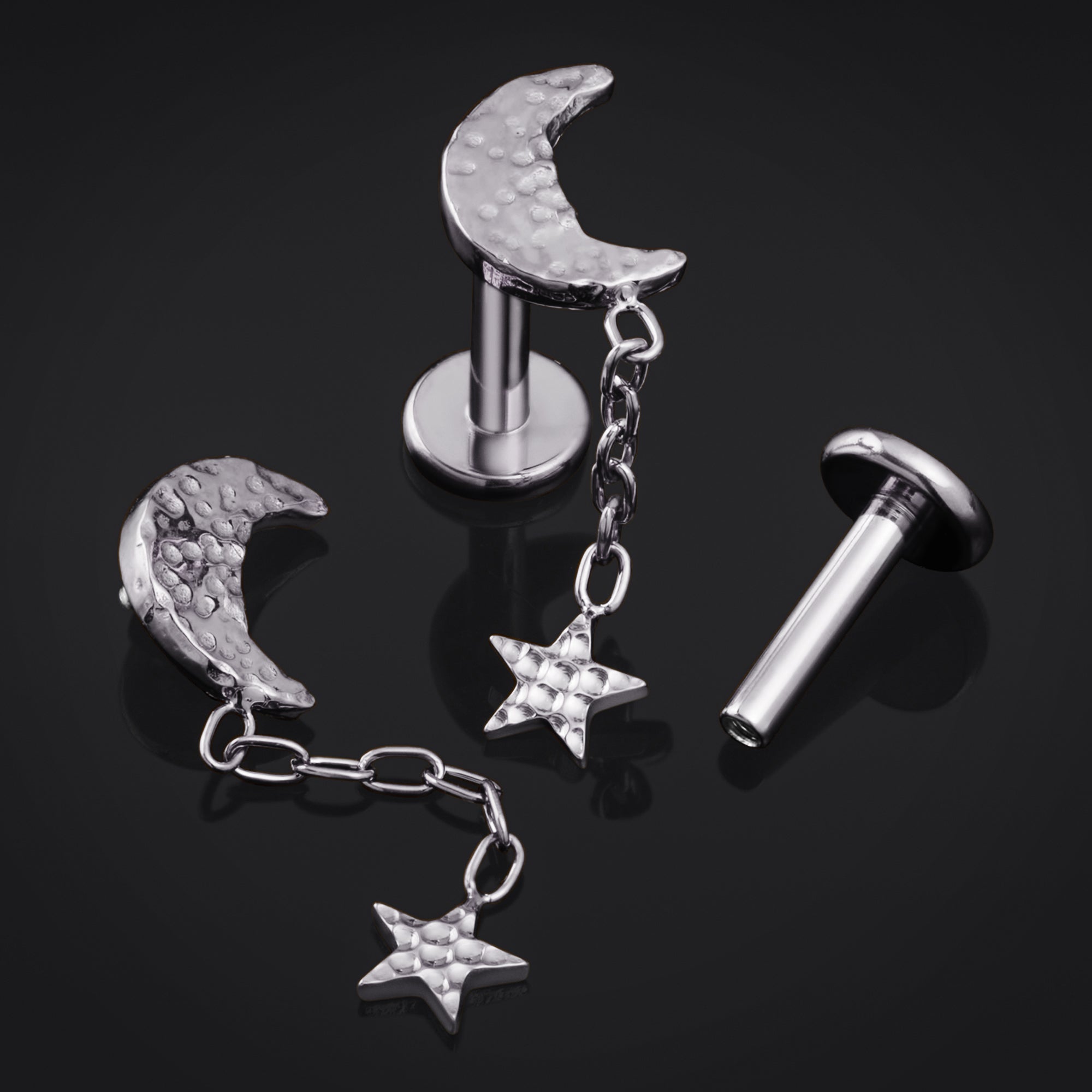 Labret Stud, Silver, Hammered Moon and Star, Internally Threaded, Titanium, 1.2mm Gauge