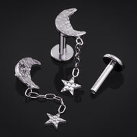 Piercing labret, argent, lune et étoile martelées, filetage interne, titane, calibre 1,2 mm