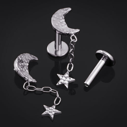 Labret Stud, Silver, Hammered Moon and Star, Internally Threaded, Titanium, 1.2mm Gauge