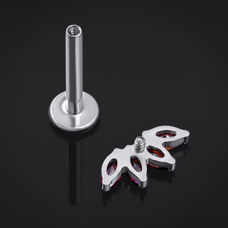 Piercing labret en argent, demi-fleur avec pierre CZ rouge, titane, filetage interne, calibre 1,2 mm