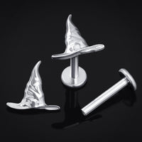 Labret en titane fileté en interne, chapeau de sorcière argenté, calibre 1,2 mm
