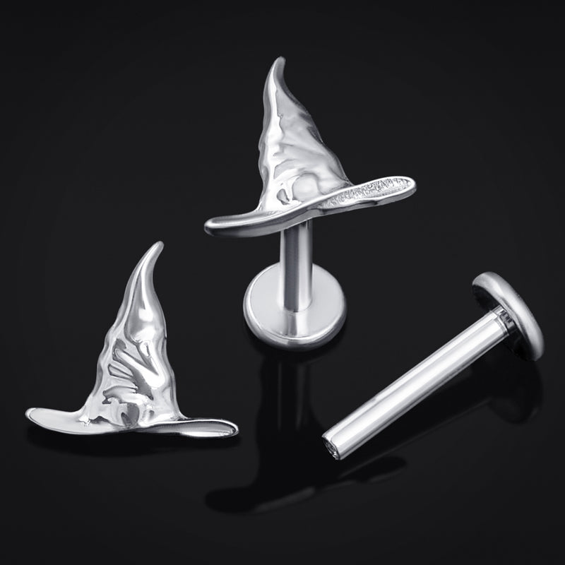 Labret en titane fileté en interne, chapeau de sorcière argenté, calibre 1,2 mm