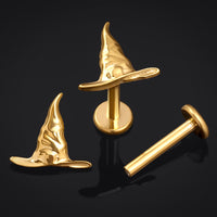 Piercing labret en titane, chapeau de sorcière doré, filetage interne, calibre 1,2 mm