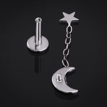 Labret Stud, Silver, Hammered Moon and Star, Internally Threaded, Titanium, 1.2mm Gauge