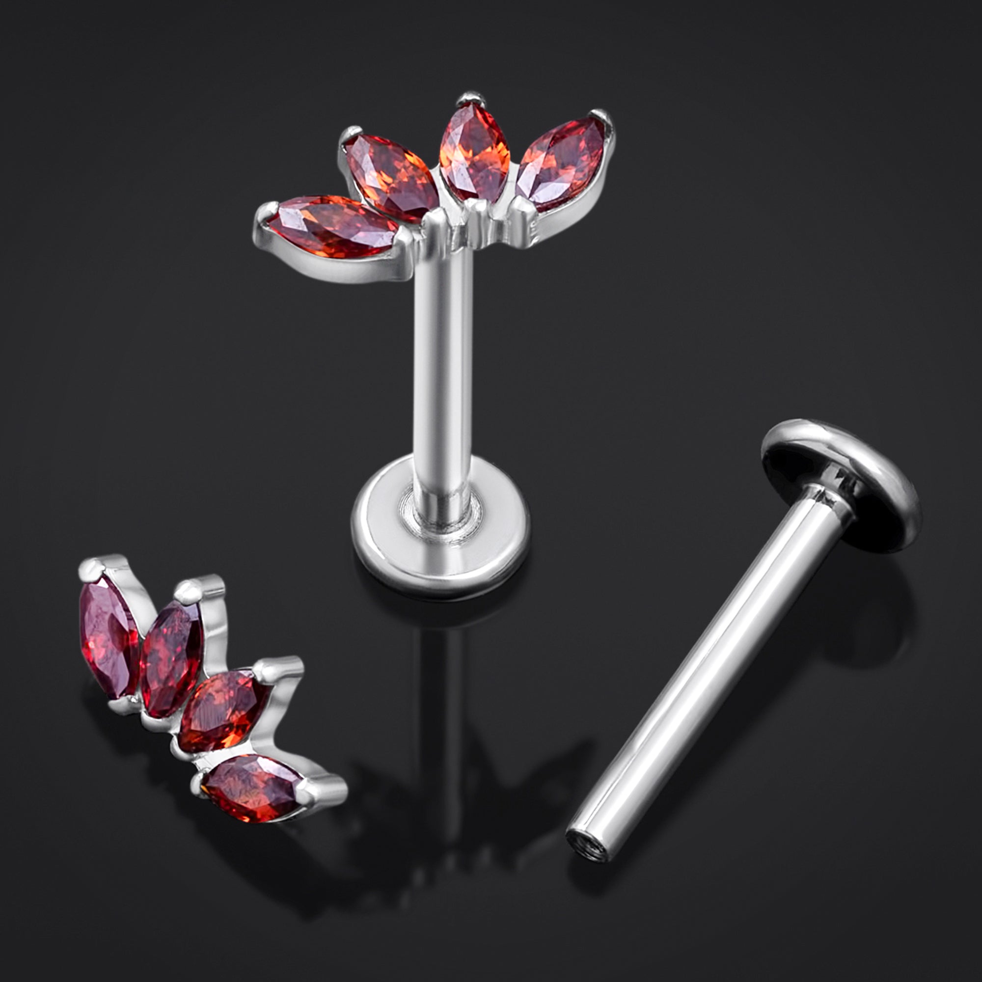 Labret Stud, Silver, Half Flower Red CZ Stone, Titanium, Internal Thread, 1.2mm Gauge