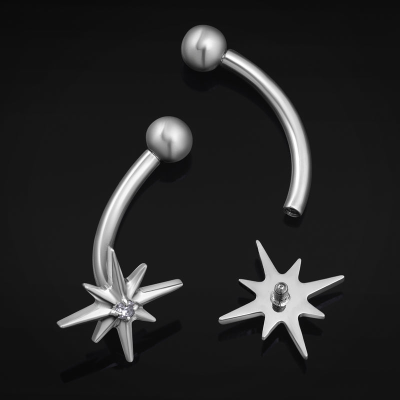 Barre courbée, argent, étoile polaire sertie de pierres, filetage interne, titane, calibre 1,2 mm