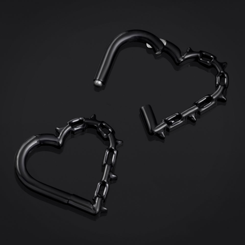 Black Spiked Chain Heart ASTM F136 Titanium Segment Clicker - Black ASTM F136 Titanium Hinged Segment Ring for Nose / Ear 1.2mm 