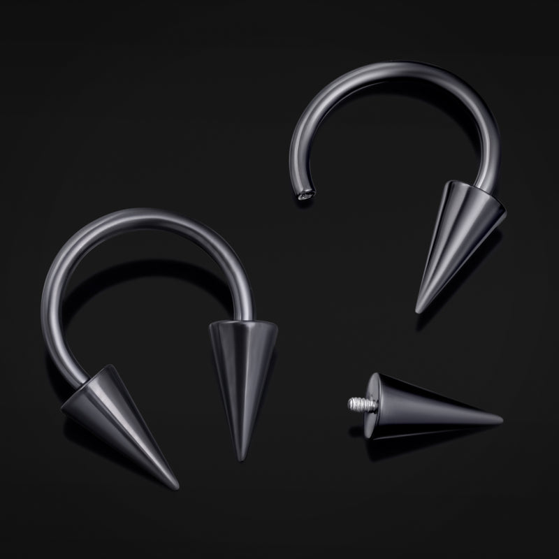 Horseshoe Barbell, Black, Gothic Spiked Cone, Internally Threaded, Titanium