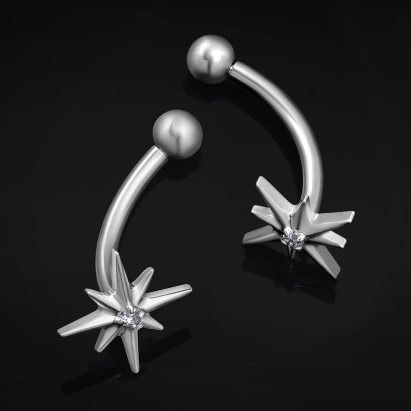 Barre courbée, argent, étoile polaire sertie de pierres, filetage interne, titane, calibre 1,2 mm