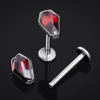 Titanium Internally Threaded Silver Coffin Labret Stud with Red Gem