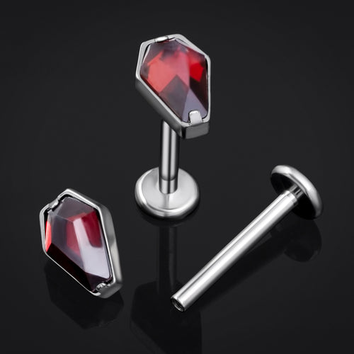 Titanium Internally Threaded Silver Coffin Labret Stud with Red Gem