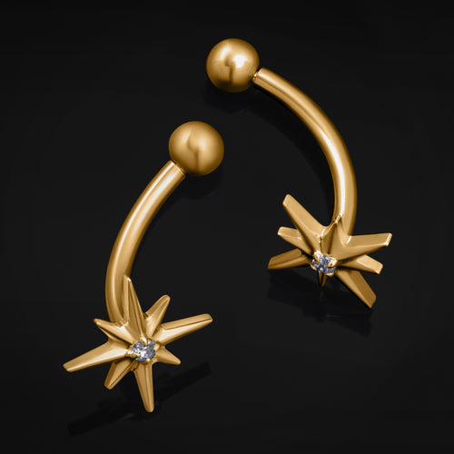 Gold Jewelled North Star Internally Threaded Titanium Curved Barbell 1.2mm Gauge