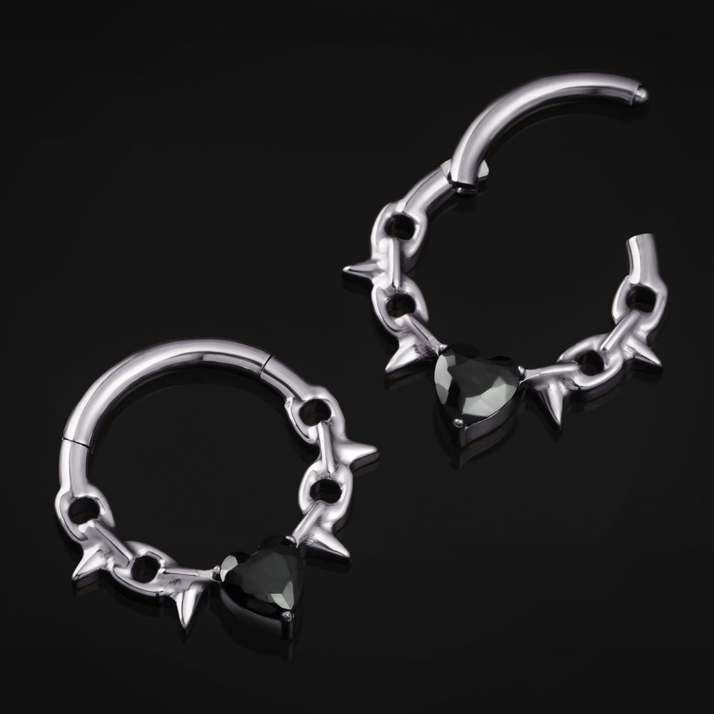 Septum Clicker, Silver Spiked Chain, Black Jewelled Heart, ASTM F136 Titanium - ASTM F136 Titanium Hinged Silver Spiked Chain Black Jewelled Heart Segment Ring for Nose / Septum 1.2mm / Alternative Piercings / Gothic Jewellery