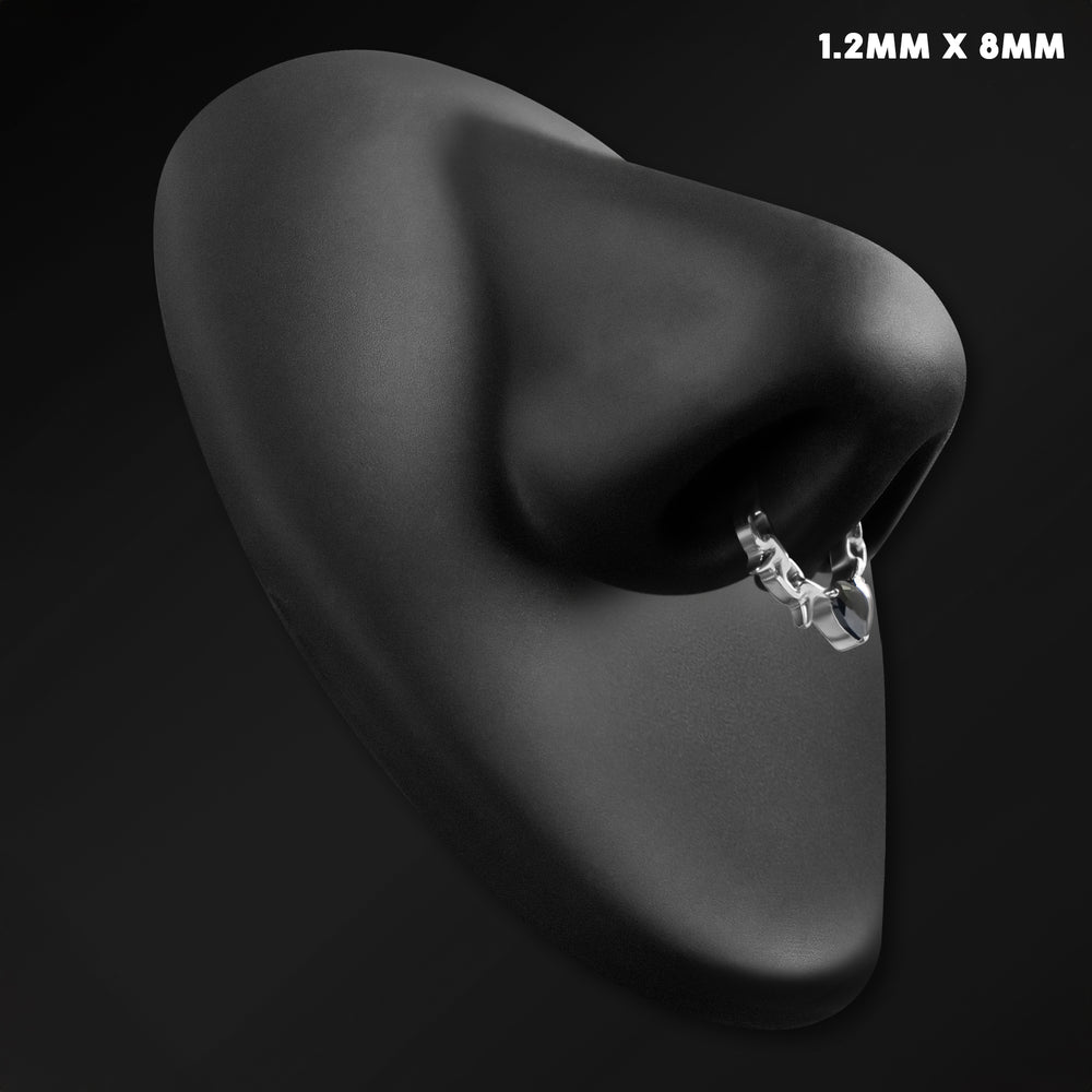Septum Clicker, Silver Spiked Chain, Black Jewelled Heart, ASTM F136 Titanium - ASTM F136 Titanium Hinged Silver Spiked Chain Black Jewelled Heart Segment Ring for Nose / Septum 1.2mm / Alternative Piercings / Gothic Jewellery