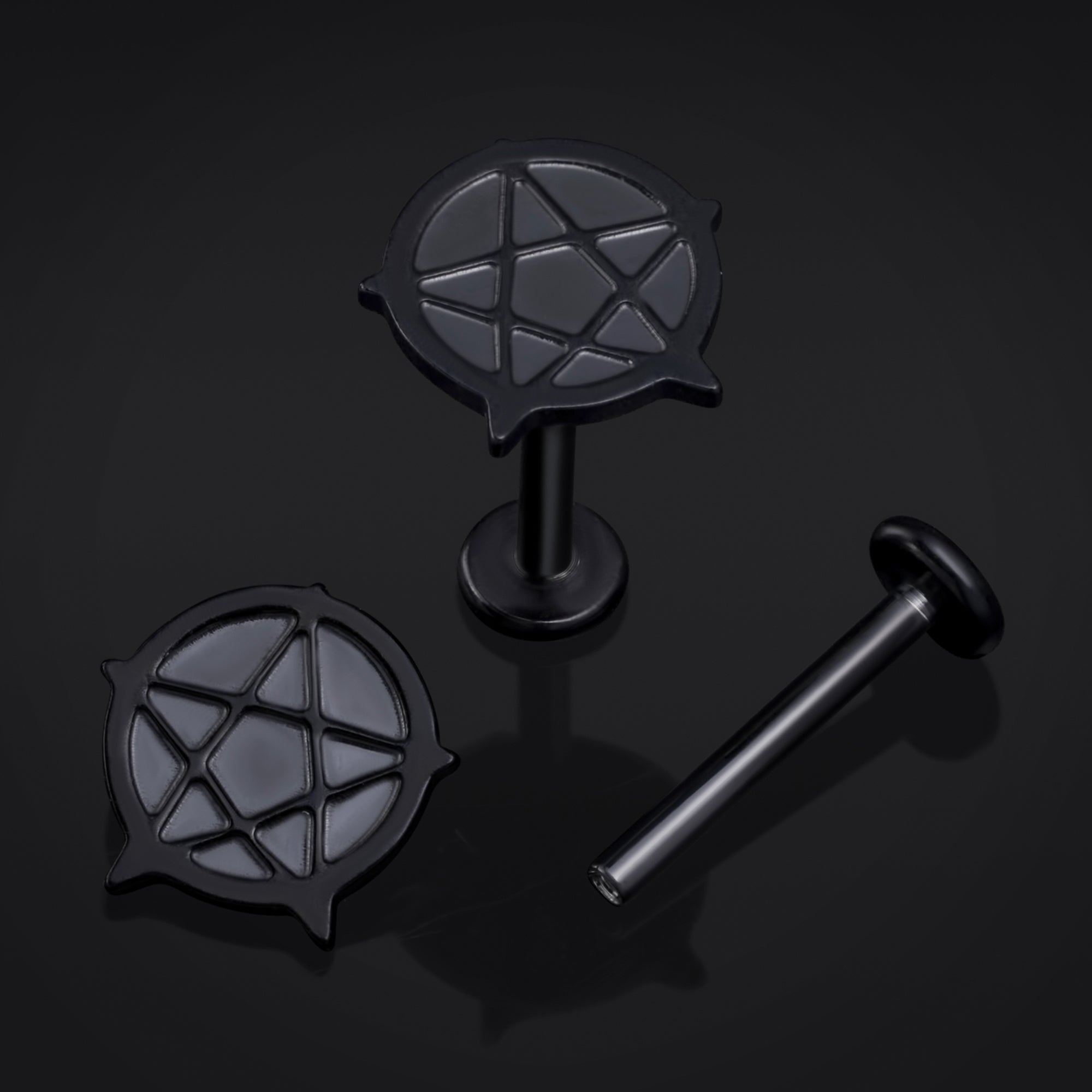 Labret Stud, Black, Pentagram, Internally Threaded, Titanium, 1.2mm Gauge