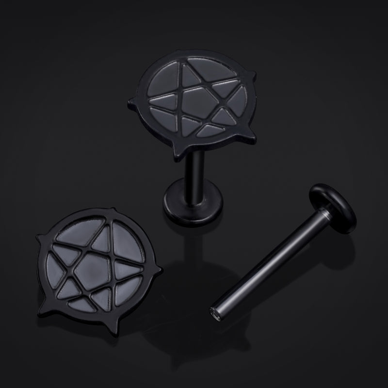 Clou labret, noir, pentagramme, à filetage interne, titane, calibre 1,2 mm