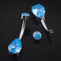 Piercing nombril, argenté, pierre goutte CZ bleu clair, filetage interne, titane