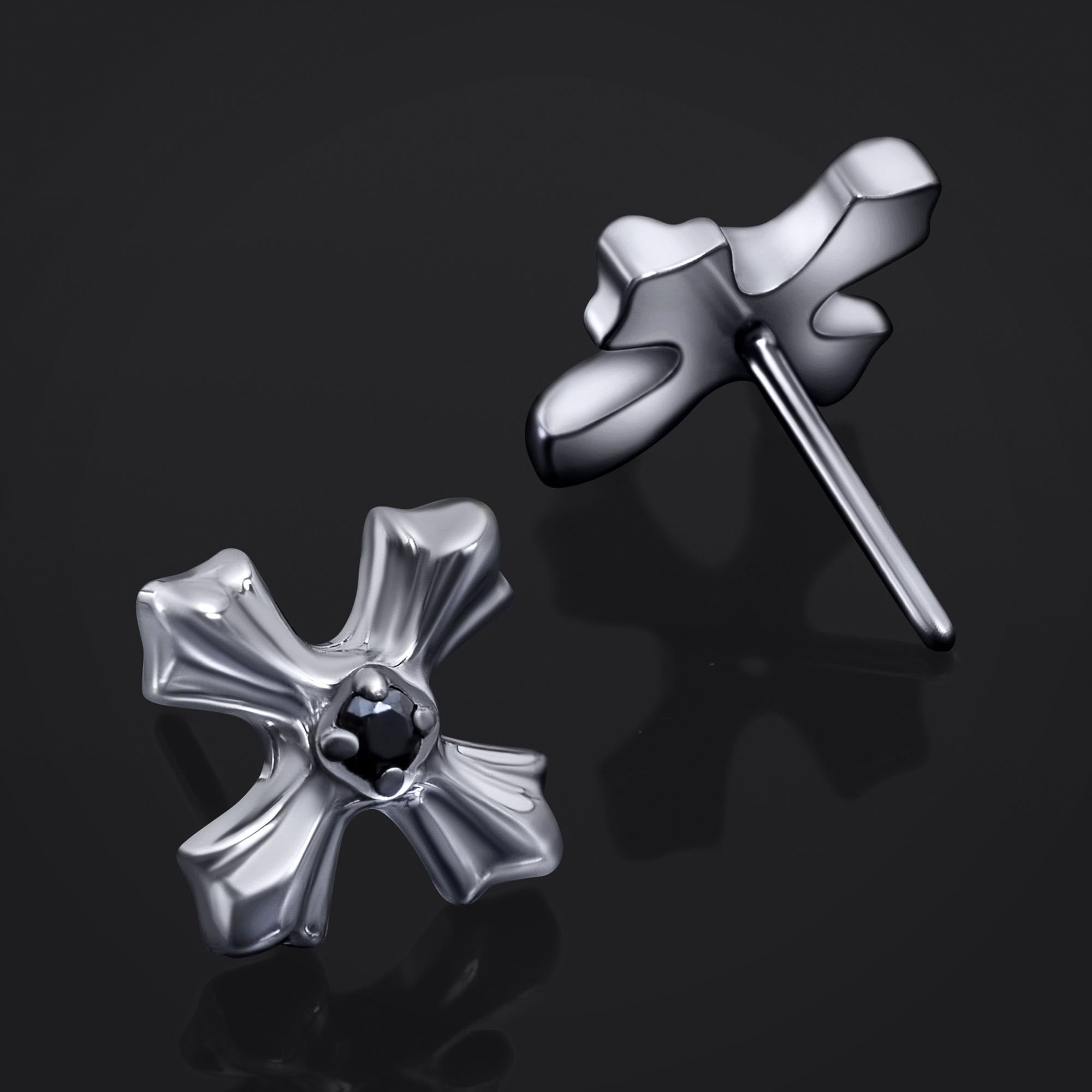 Labret Top, Silver, Black Jewelled Cross, Threadless, Push Fit, Titanium