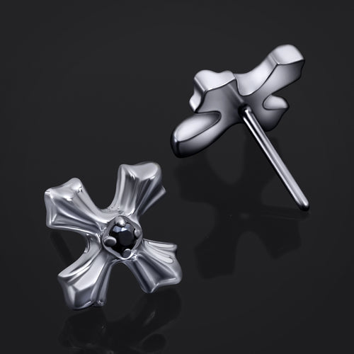 Labret Top, Silver, Black Jewelled Cross, Threadless, Push Fit, Titanium
