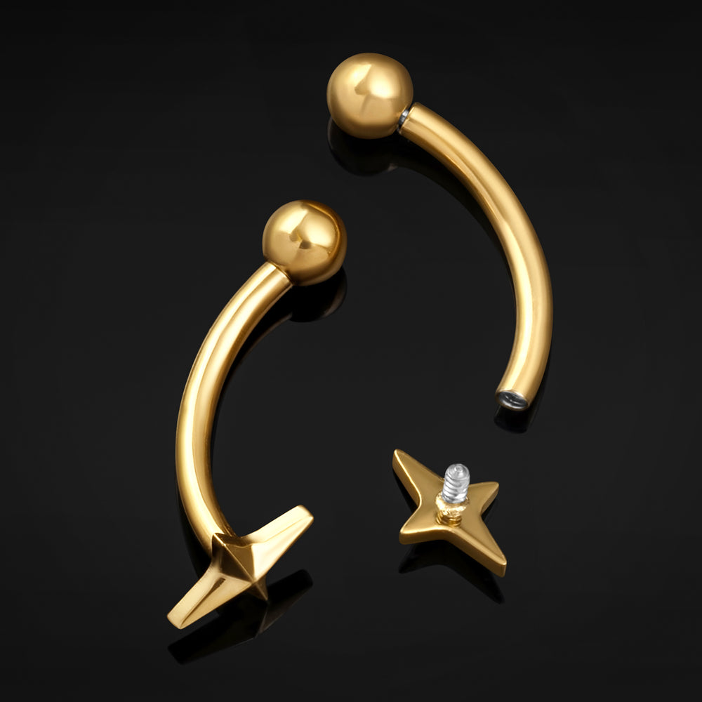 Gold Four Pointed Star Vertical Labret Internally Threaded Titanium Curved Barbell 1.2mm Gauge - Gold Four Pointed Star Vertical Labret Internally Threaded Titanium Curved Barbell 1.2mm Gauge / Rook / Eyebrow / Tragus Piercing Jewellery