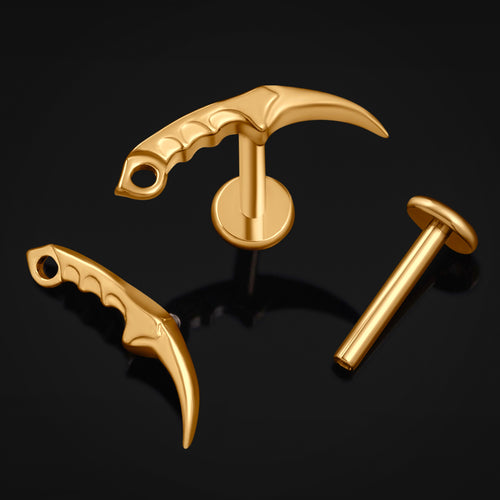 Gold Curved Dagger Internally Threaded Titanium Labret Stud 1.2mm Gauge