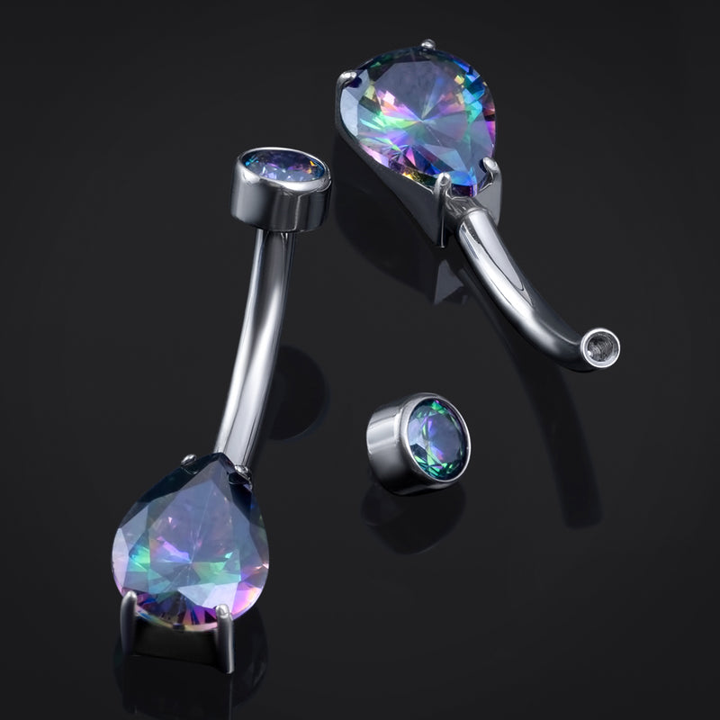 Piercing nombril, argenté, pierre goutte en oxyde de zirconium arc-en-ciel, filetage interne, titane