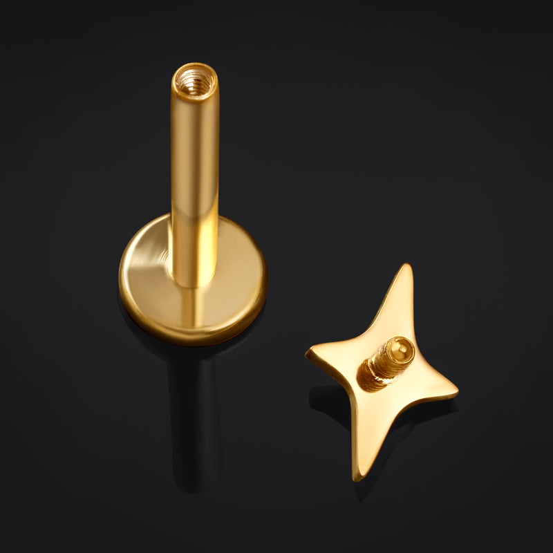 Labret Stud, Gold, Four Pointed Star, Internal Thread, Titanium, 1.2mm