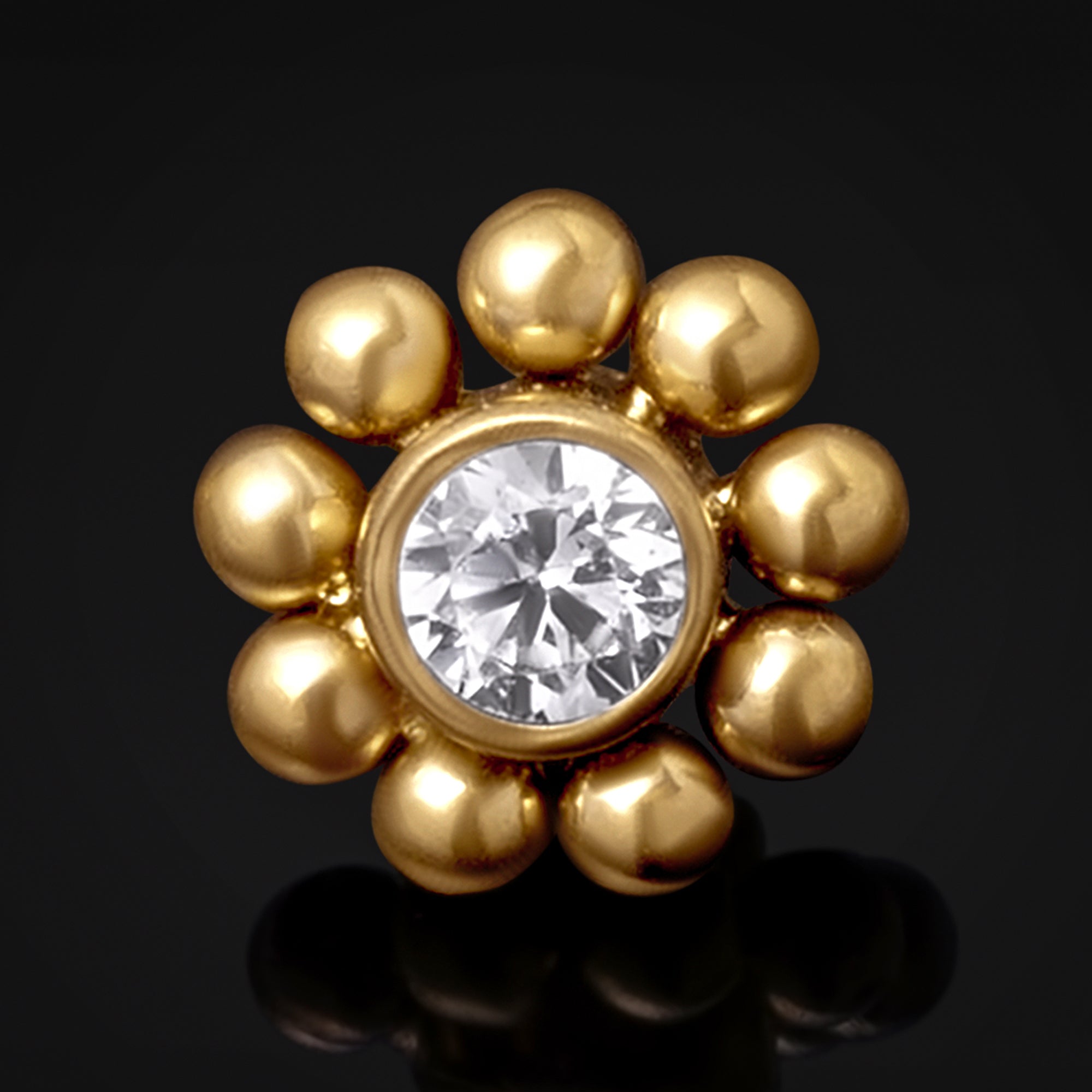 Gold Flower Labret Top with Clear CZ Stone, Internally Threaded, Titanium