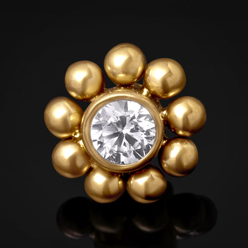 Gold Flower Labret Top with Clear CZ Stone, Internally Threaded, Titanium