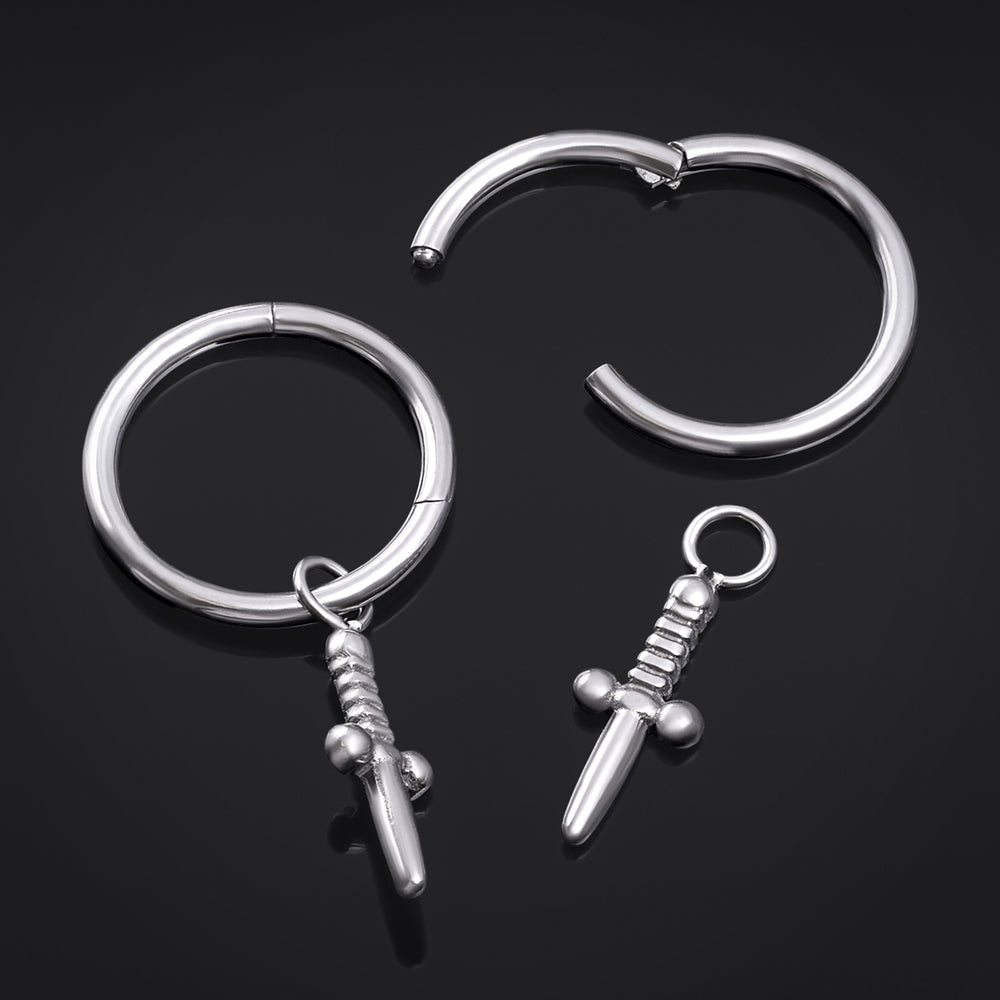 ASTM F136 Titanium Silver Clicker Nose Ring With Sword Dangle - ASTM F136 Titanium Silver Clicker Nose Ring With Sword Dangle / 10mm 