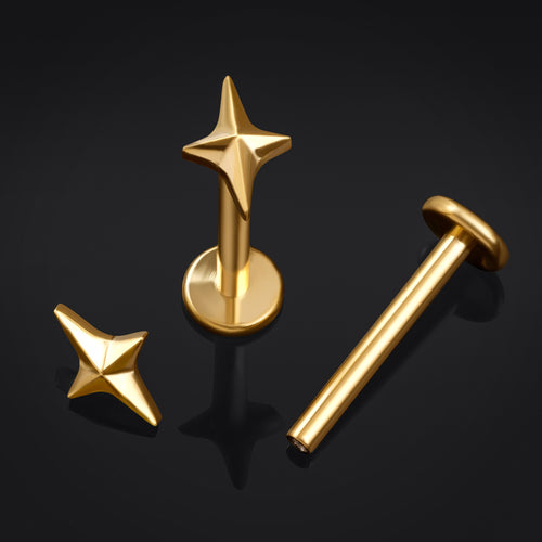 Titanium Internally Threaded Gold Four Pointed Star Labret Stud 1.2mm Gauge