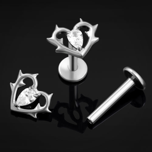 Clear Jewelled Thorn Heart Internally Threaded Titanium Labret Stud 1.2mm Gauge