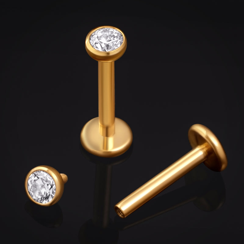 Or, pierre CZ sertie en biseau, filetage interne, piercing labret, titane