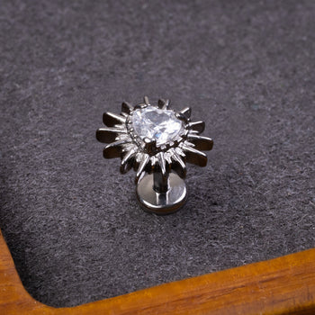 Silver, Spiked Heart Clear Jewel, Medusa Stud, ASTM F-136 Titanium, Internal Thread