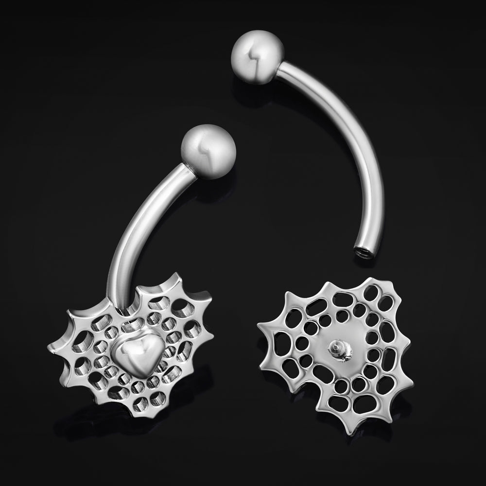 Silver Webbed Heart Vertical Labret Internally Threaded Titanium Curved Barbell 1.2mm Gauge - Silver Webbed Heart Vertical Labret Internally Threaded Titanium Curved Barbell 1.2mm Gauge / Rook / Eyebrow / Tragus Piercing Jewellery