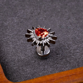 Silver, Spiked Heart, Red Jewel, Medusa Stud, ASTM F-136 Titanium, Internal Thread