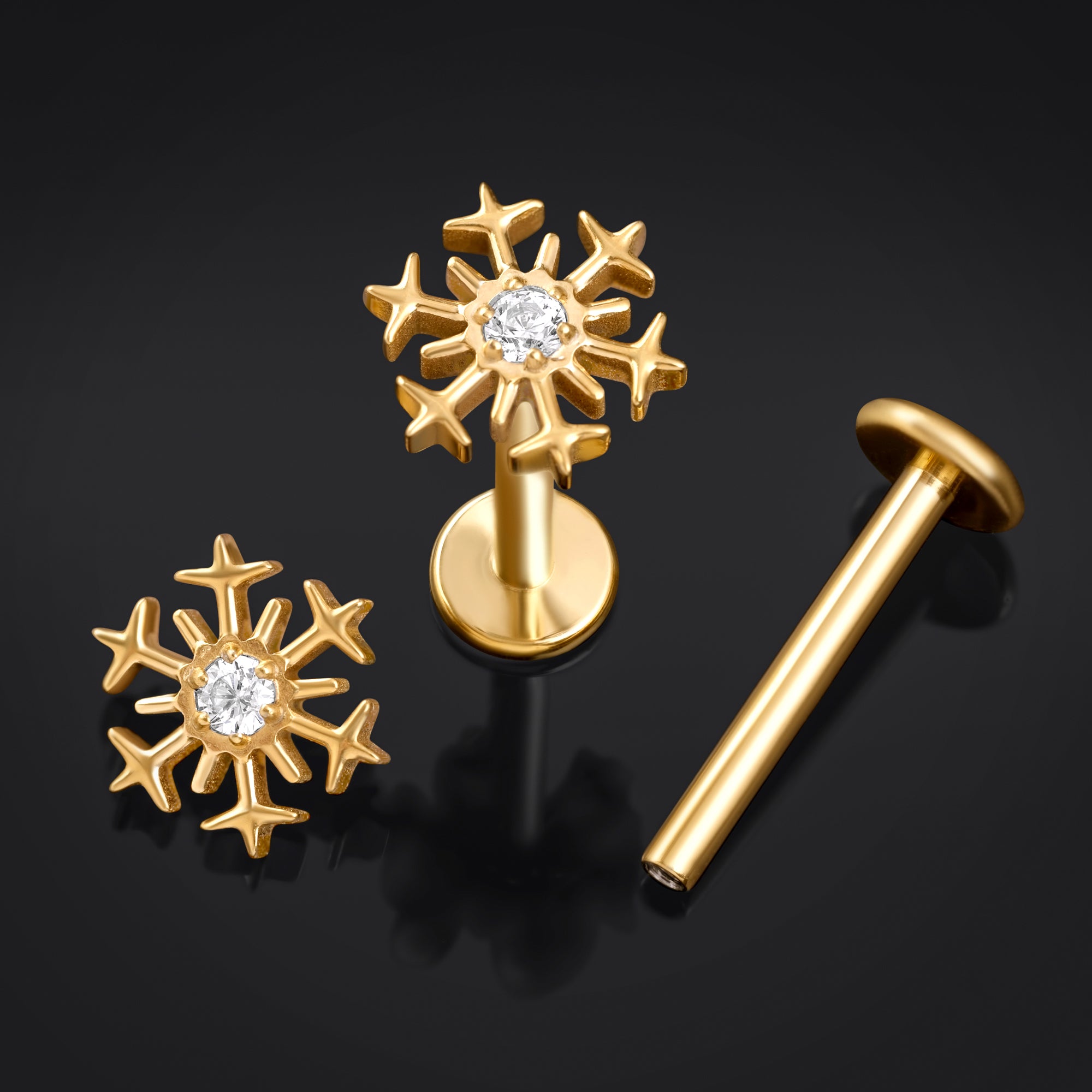 Labret Stud, Gold, Snowflake Top, Internal Thread, Titanium, 1.2mm