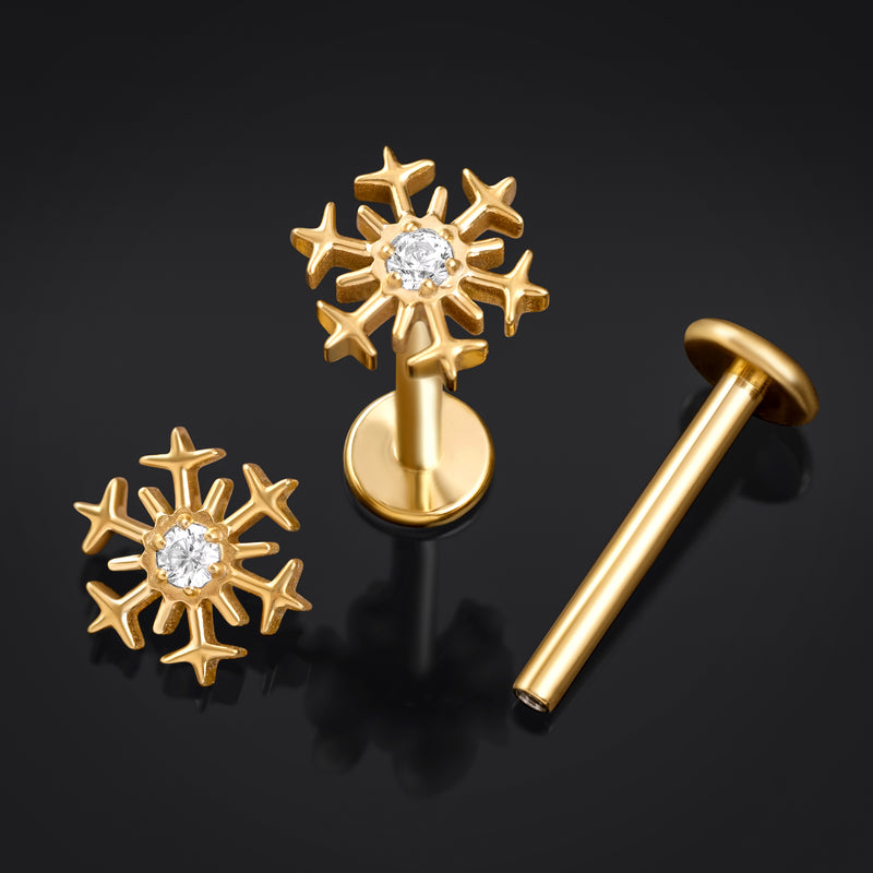 Labret, doré, tête flocon de neige, filetage interne, titane, 1.2mm