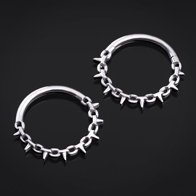 Anneau de septum à clic, argenté, chaîne à pointes, titane