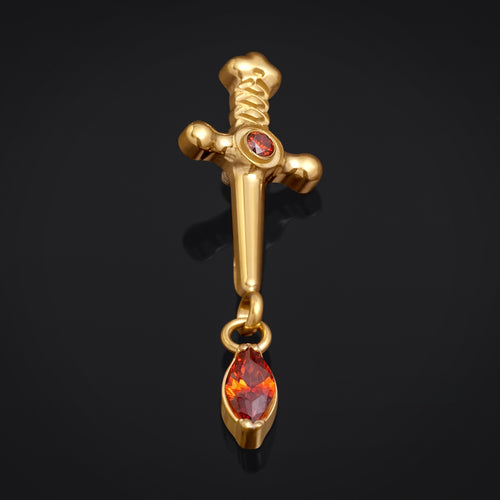 Labret Top, Gold, Sword Dangle with Red Jewel, Internally Threaded, Titanium