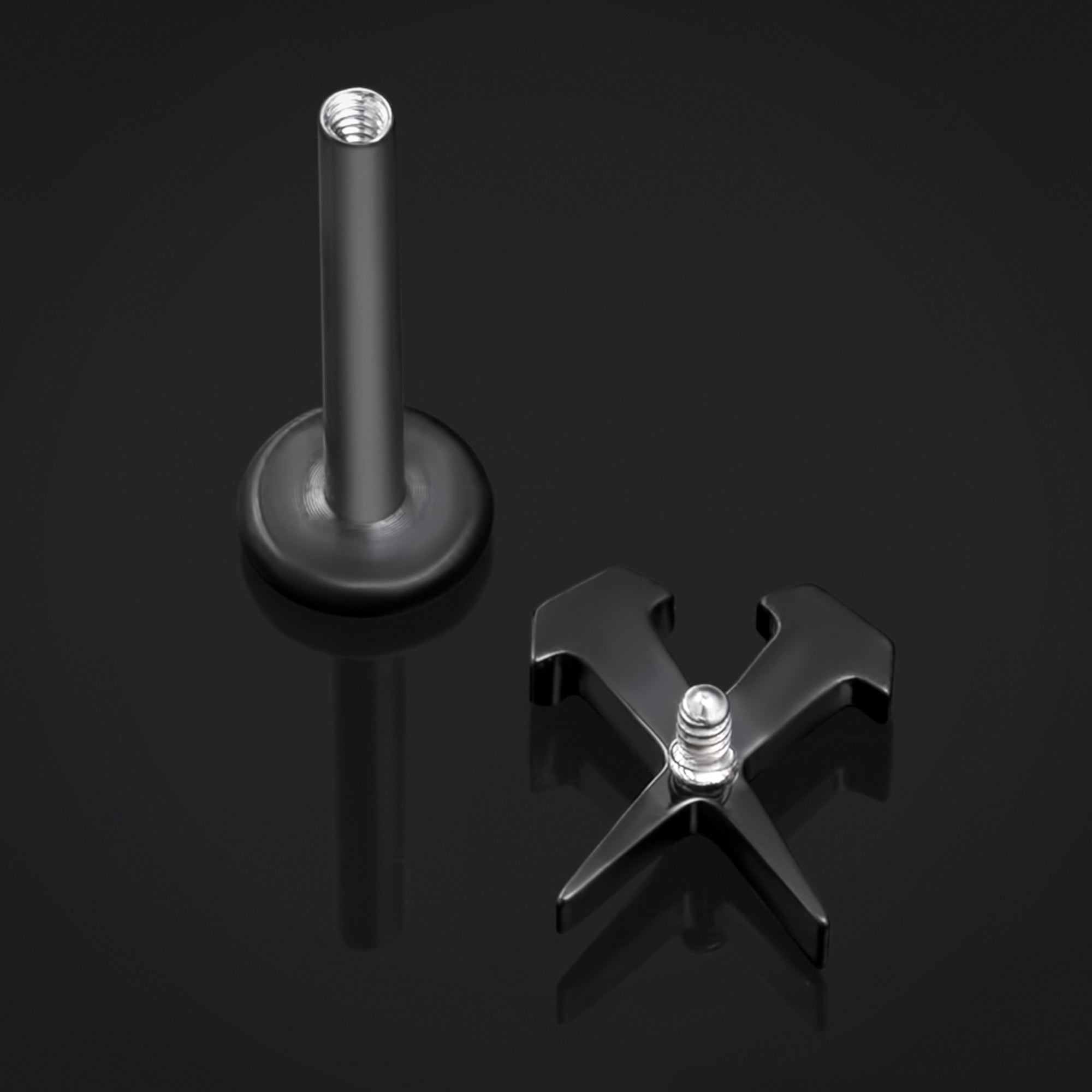 Labret Stud, Black, Coffin Nails, Internally Threaded, Titanium, 1.2mm Gauge
