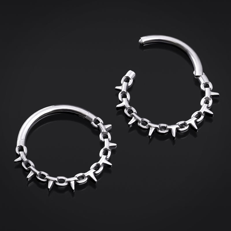 Anneau de septum à clic, argenté, chaîne à pointes, titane