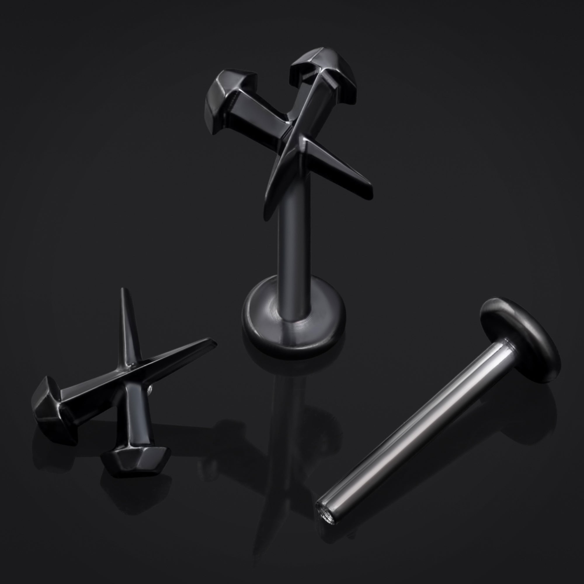 Labret Stud, Black, Coffin Nails, Internally Threaded, Titanium, 1.2mm Gauge