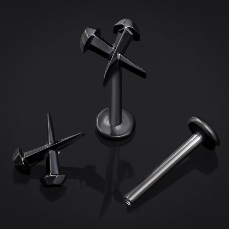 Piercing labret noir, ongles cercueil, filetage interne, titane, calibre 1,2 mm