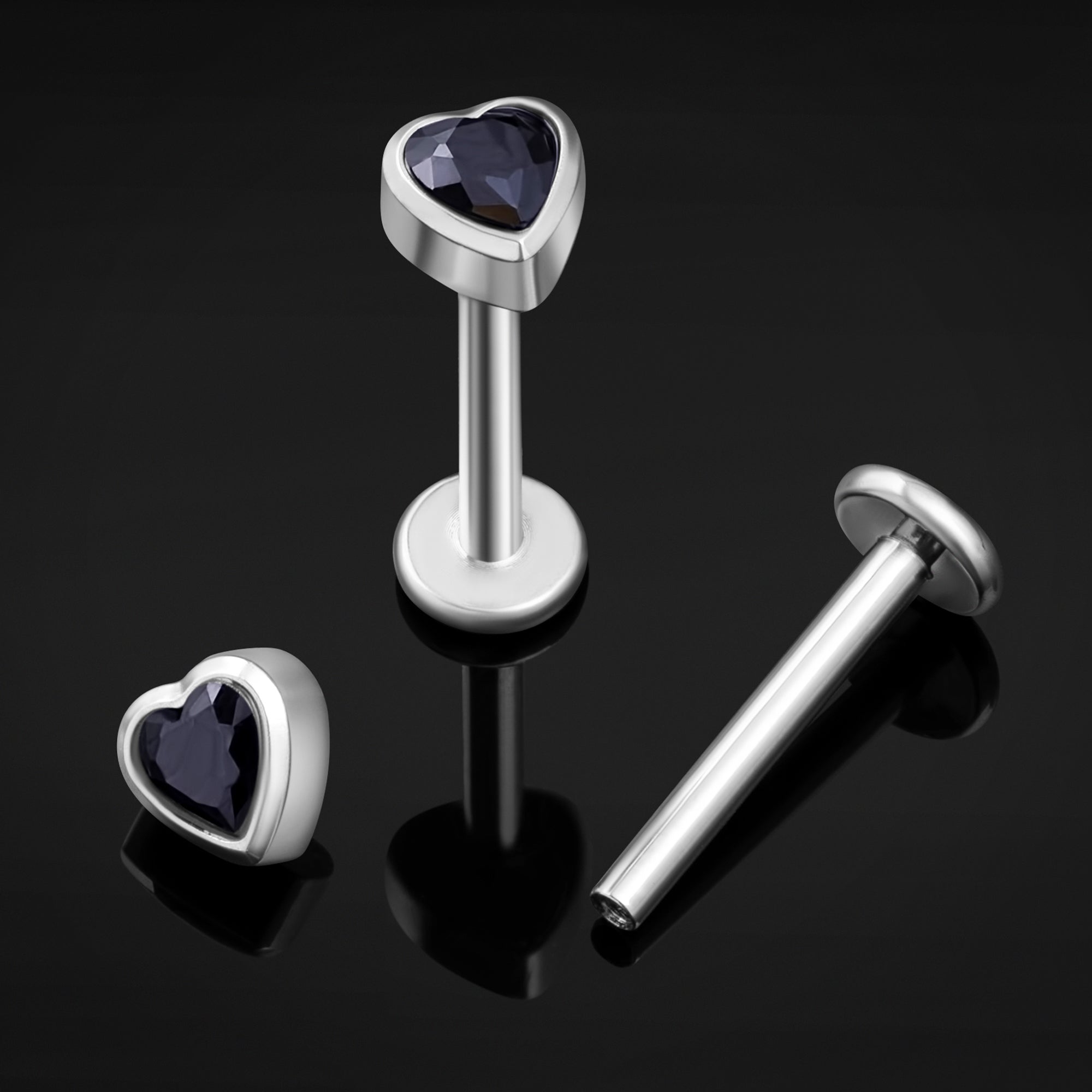 Labret Stud, Silver, Black Heart CZ Stone, Internal Thread, Titanium, 1.2mm