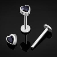 Labret, argenté, pierre CZ cœur noir, filetage interne, titane, 1.2mm