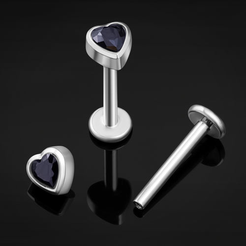 Silver Heart Black CZ Stone Internally Threaded Titanium Labret Stud 1.2mm Gauge
