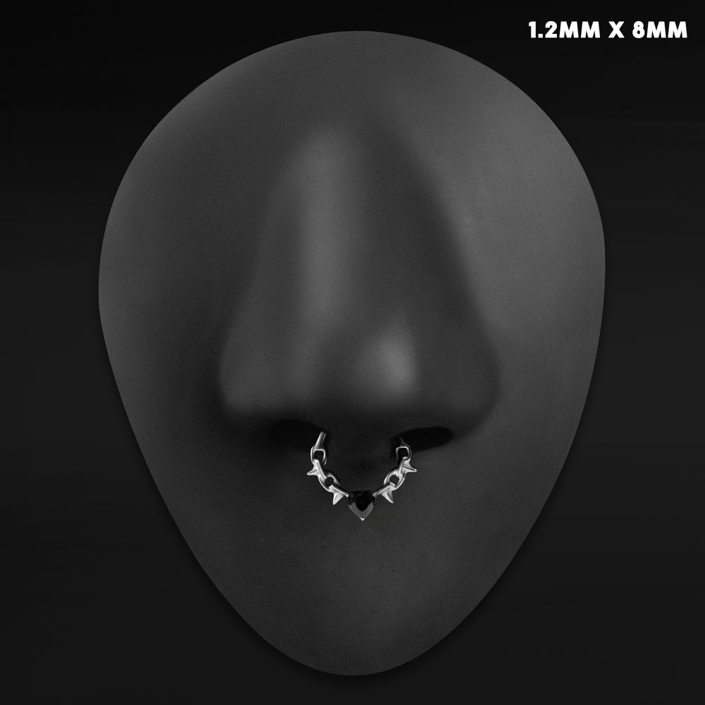 Septum Clicker, Silver Spiked Chain, Black Jewelled Heart, ASTM F136 Titanium - ASTM F136 Titanium Hinged Silver Spiked Chain Black Jewelled Heart Segment Ring for Nose / Septum 1.2mm / Alternative Piercings / Gothic Jewellery