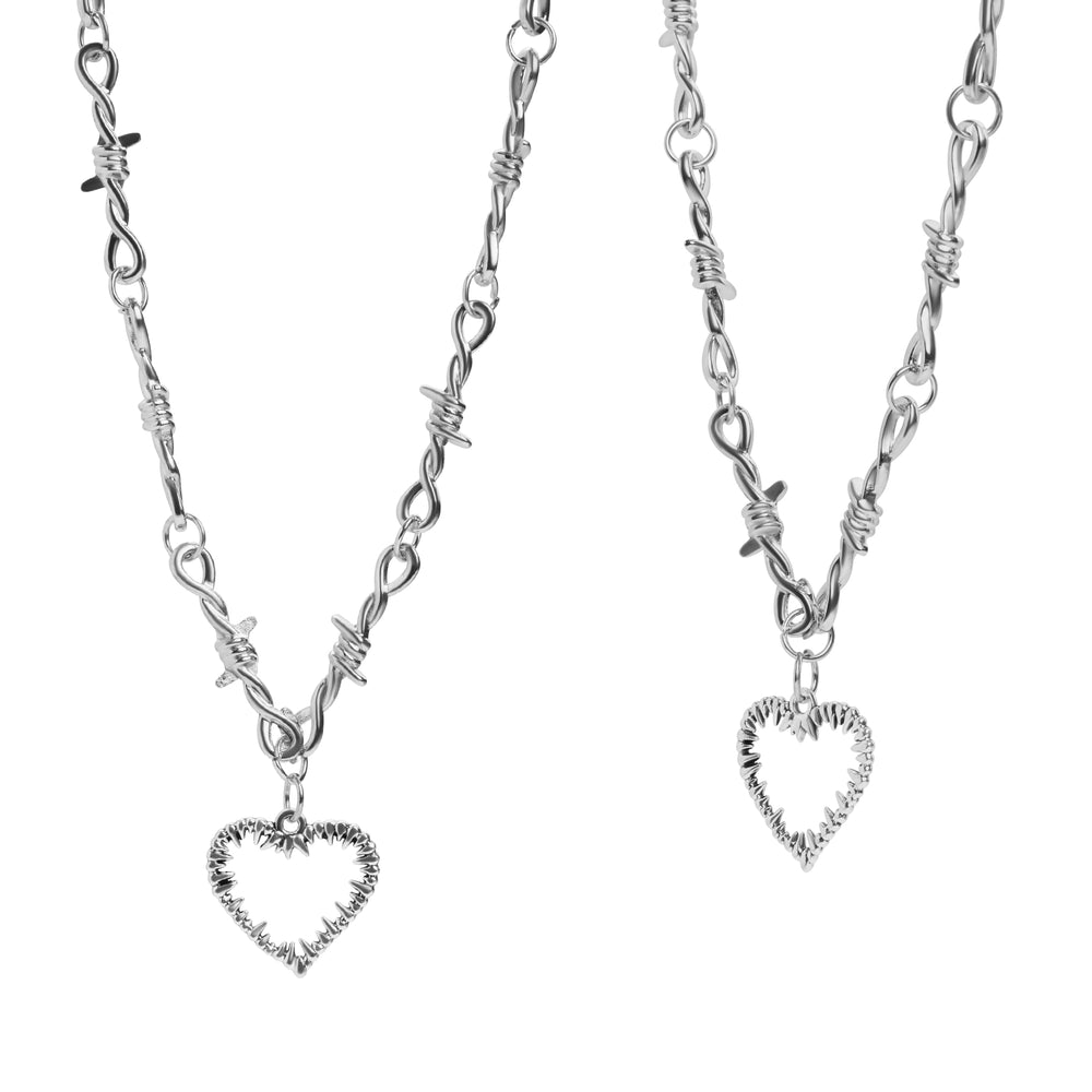 Silver Barbed Wire Necklace with Spiked Heart Dangle - Barbed Wire Emo Necklace / Spiked Heart Dangle